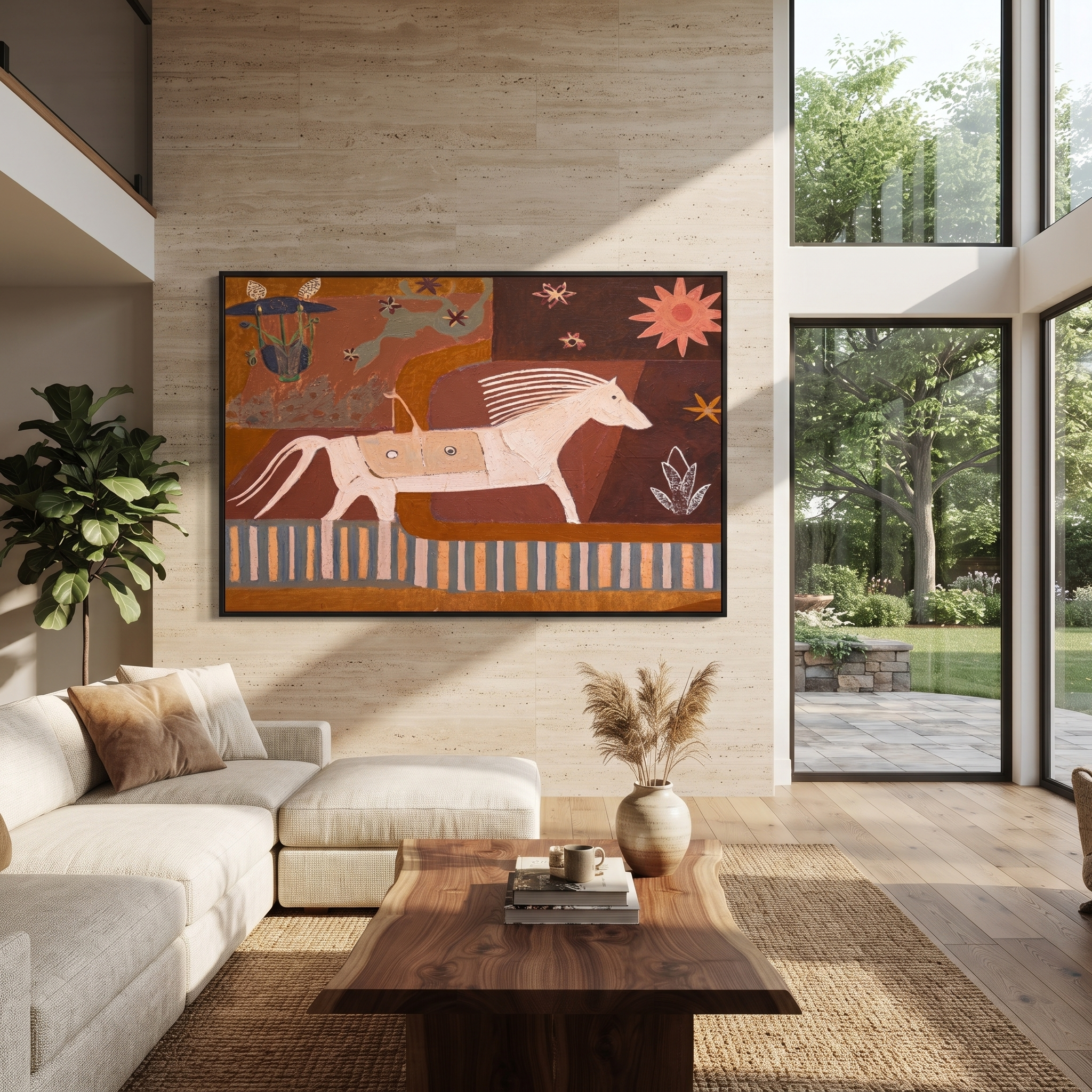 Moonlit Horse Move through Olive - running horse painting by Isabelle Laurent, modern Western horizontal wall art – styled room scene view 4