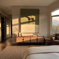 Wild Grace Move through Olive - horse and rider painting by Isabelle Laurent, modern Western vertical wall art – styled room scene view 1