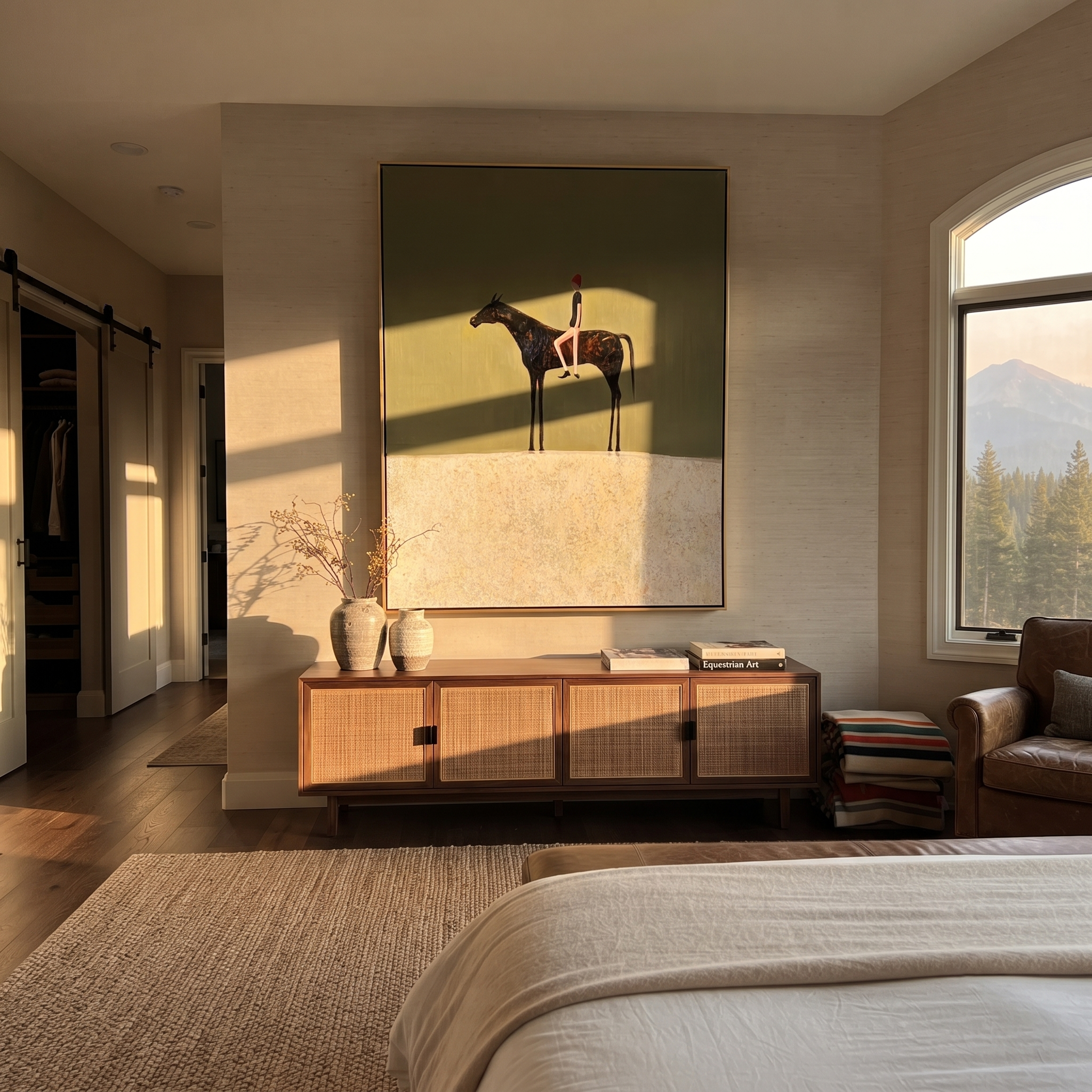Wild Grace Move through Olive - horse and rider painting by Isabelle Laurent, modern Western vertical wall art – styled room scene view 1
