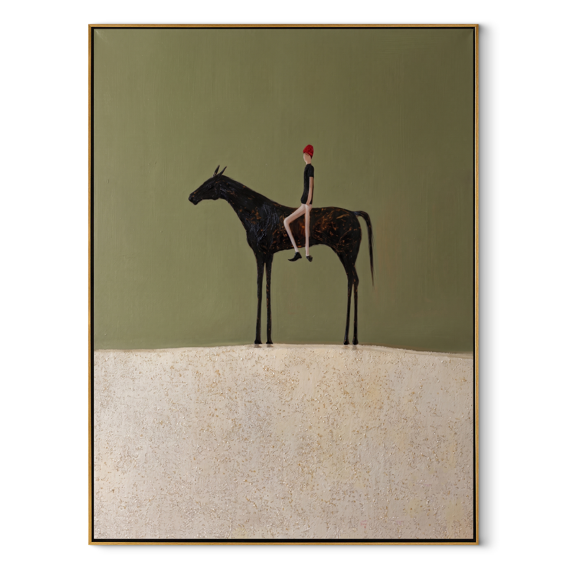 Wild Grace Move through Olive - horse and rider painting by Isabelle Laurent, modern Western vertical wall art – wood frame on white background