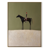 Wild Grace Move through Olive - horse and rider painting by Isabelle Laurent, modern Western vertical wall art – wood frame on white background