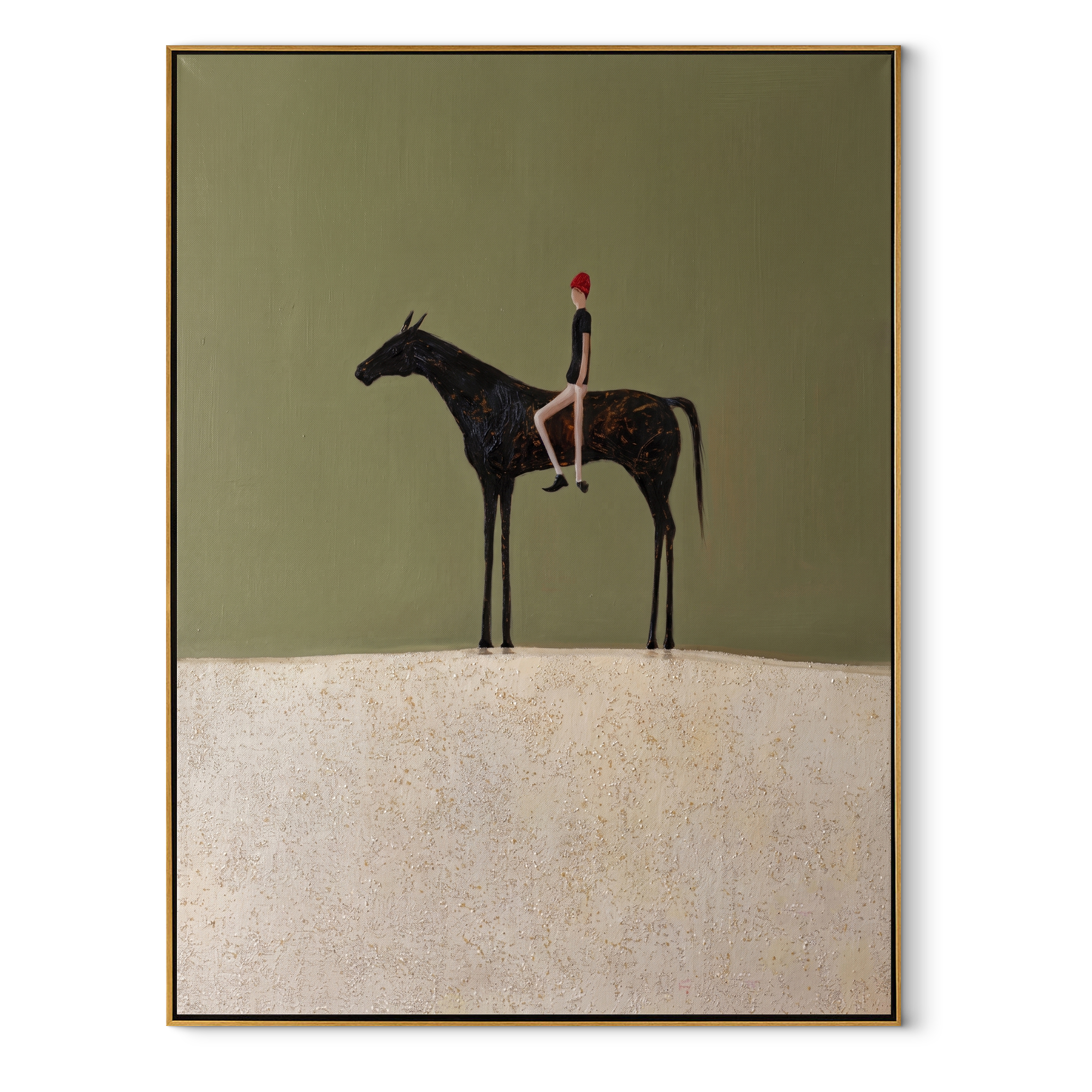 Wild Grace Move through Olive - horse and rider painting by Isabelle Laurent, modern Western vertical wall art – wood frame on white background
