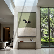 Wild Grace Move through Olive - horse and rider painting by Isabelle Laurent, modern Western vertical wall art – styled room scene view 2