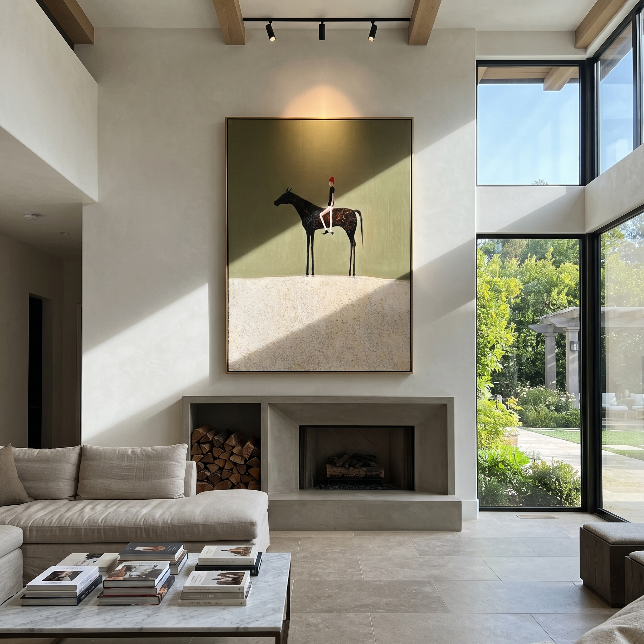 Wild Grace Move through Olive - horse and rider painting by Isabelle Laurent, modern Western vertical wall art – styled room scene view 3