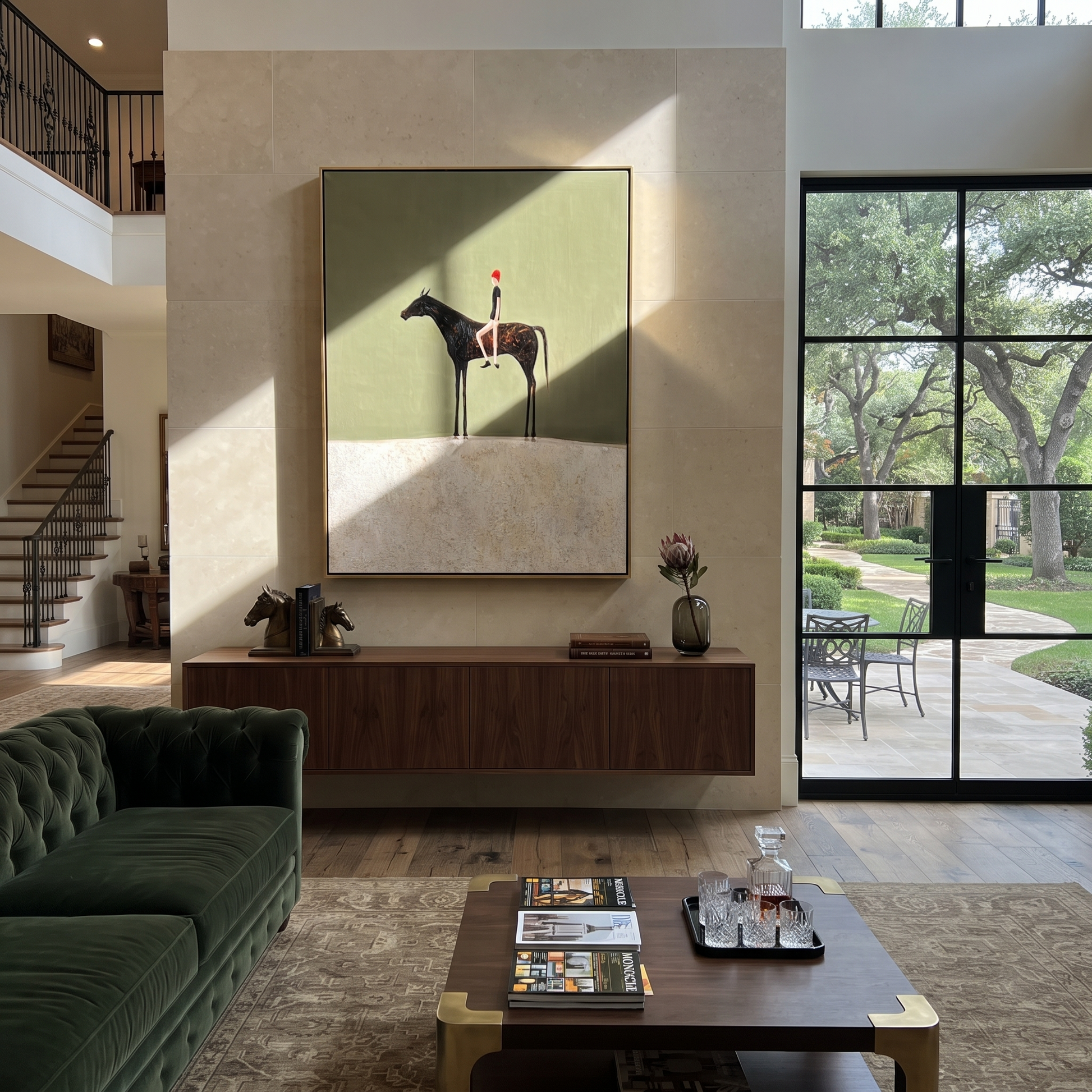 Wild Grace Move through Olive - horse and rider painting by Isabelle Laurent, modern Western vertical wall art – styled room scene view 4