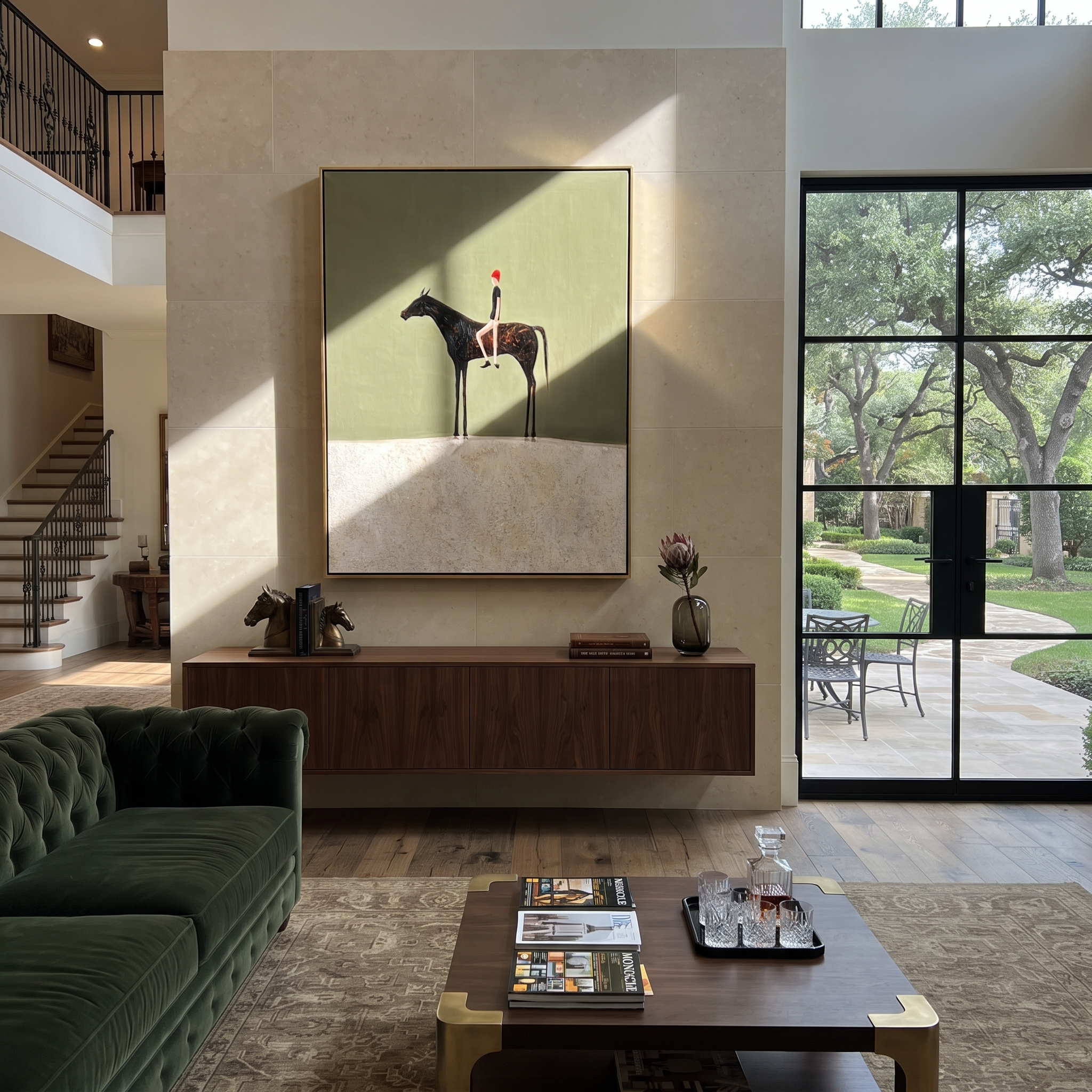 Wild Grace Move through Olive - horse and rider painting by Isabelle Laurent, modern Western vertical wall art – styled room scene view 4