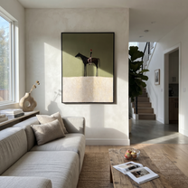 Wild Grace Move through Olive - horse and rider painting by Isabelle Laurent, modern Western vertical wall art – styled room scene view 5