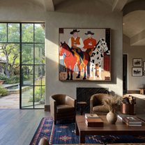 Sage Horizon Move through Olive - expressive equestrian painting by Isabelle Laurent, modern Western square wall art – styled room scene view 1
