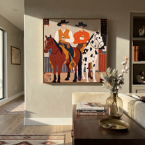 Sage Horizon Move through Olive - expressive equestrian painting by Isabelle Laurent, modern Western square wall art – styled room scene view 2