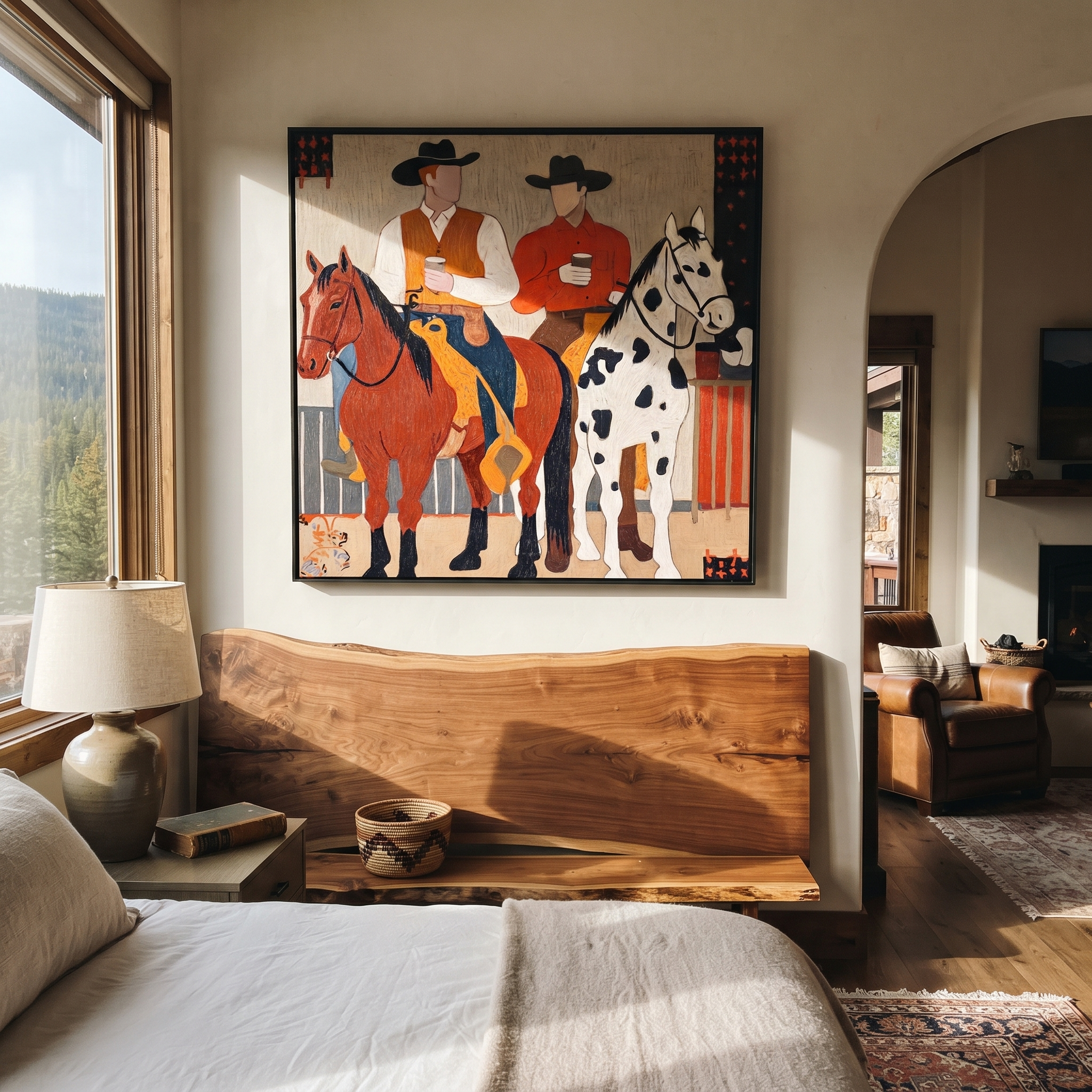 Sage Horizon Move through Olive - expressive equestrian painting by Isabelle Laurent, modern Western square wall art – styled room scene view 3