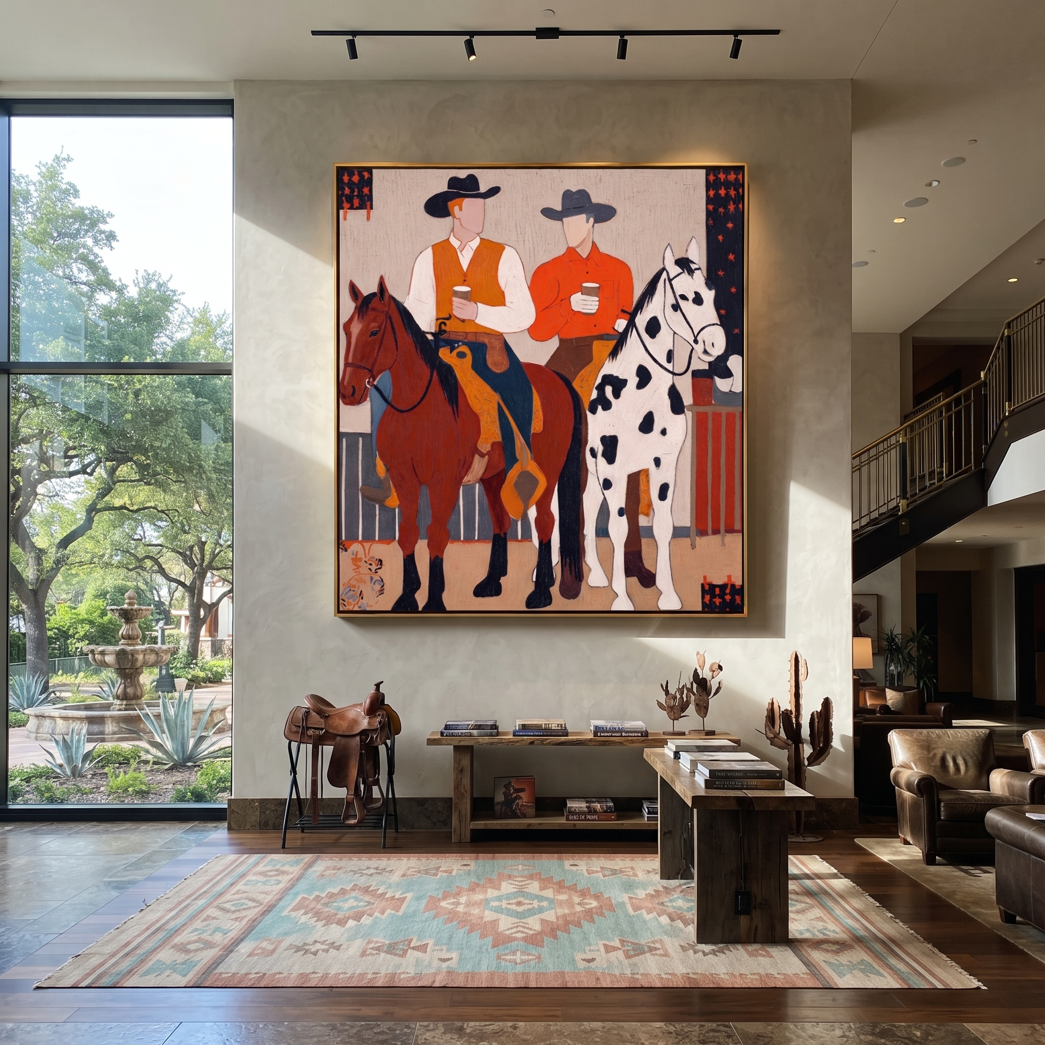 Sage Horizon Move through Olive - expressive equestrian painting by Isabelle Laurent, modern Western square wall art – styled room scene view 4