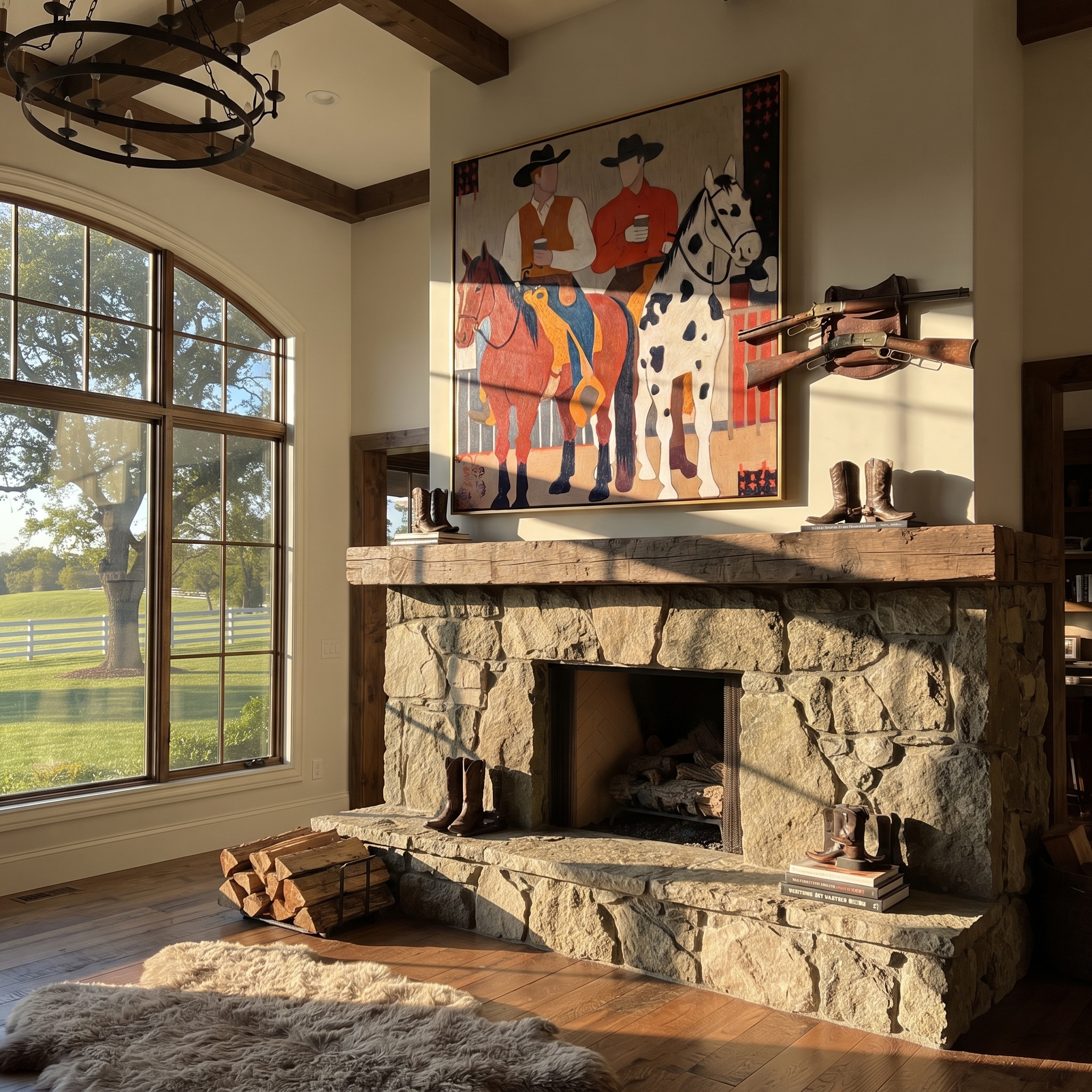 Sage Horizon Move through Olive - expressive equestrian painting by Isabelle Laurent, modern Western square wall art – styled room scene view 5