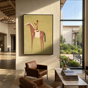 Amber Trail Move through Olive - horse and rider painting by Isabelle Laurent, modern Western vertical wall art – styled room scene view 1