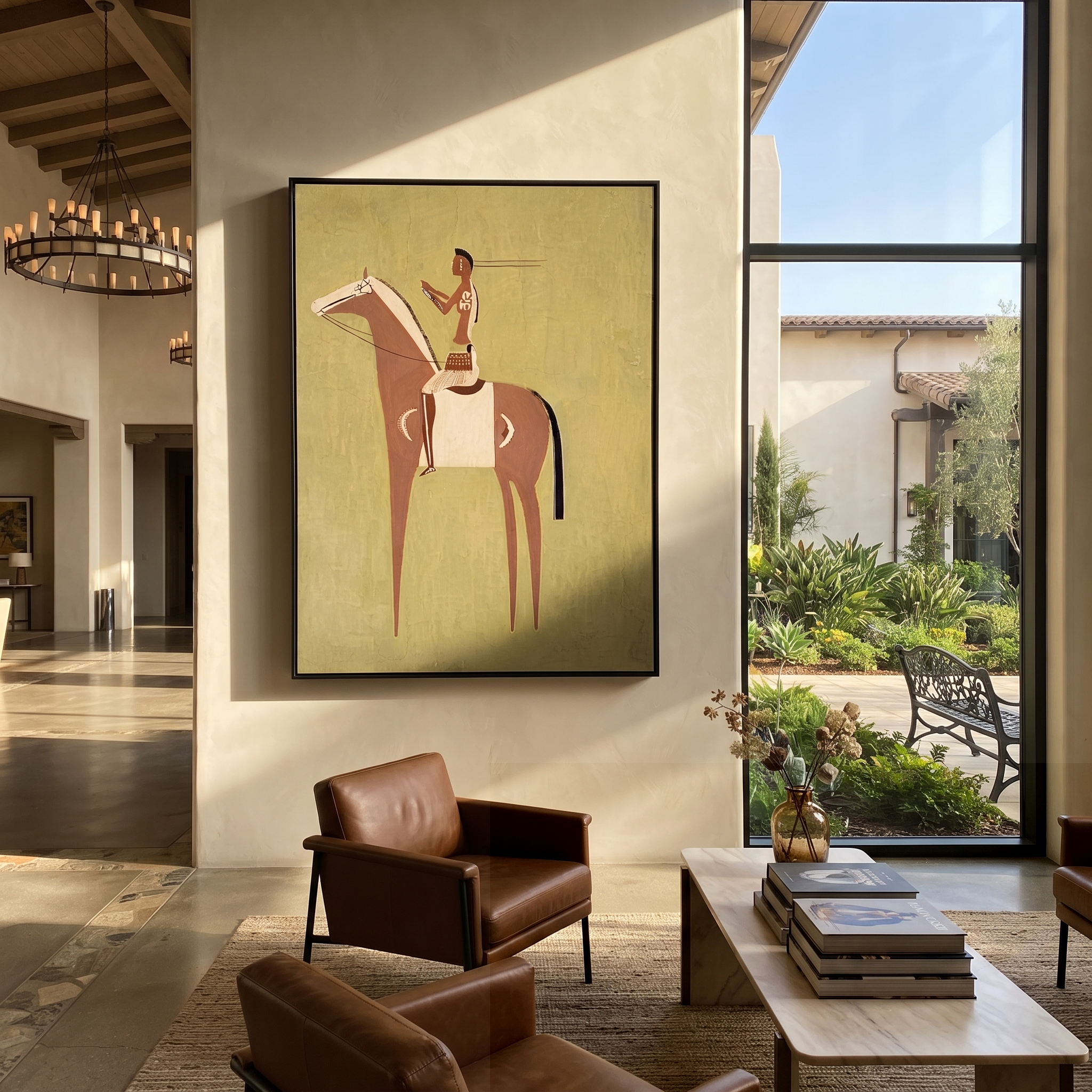 Amber Trail Move through Olive - horse and rider painting by Isabelle Laurent, modern Western vertical wall art – styled room scene view 1