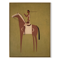 Amber Trail Move through Olive - horse and rider painting by Isabelle Laurent, modern Western vertical wall art – wood frame on white background