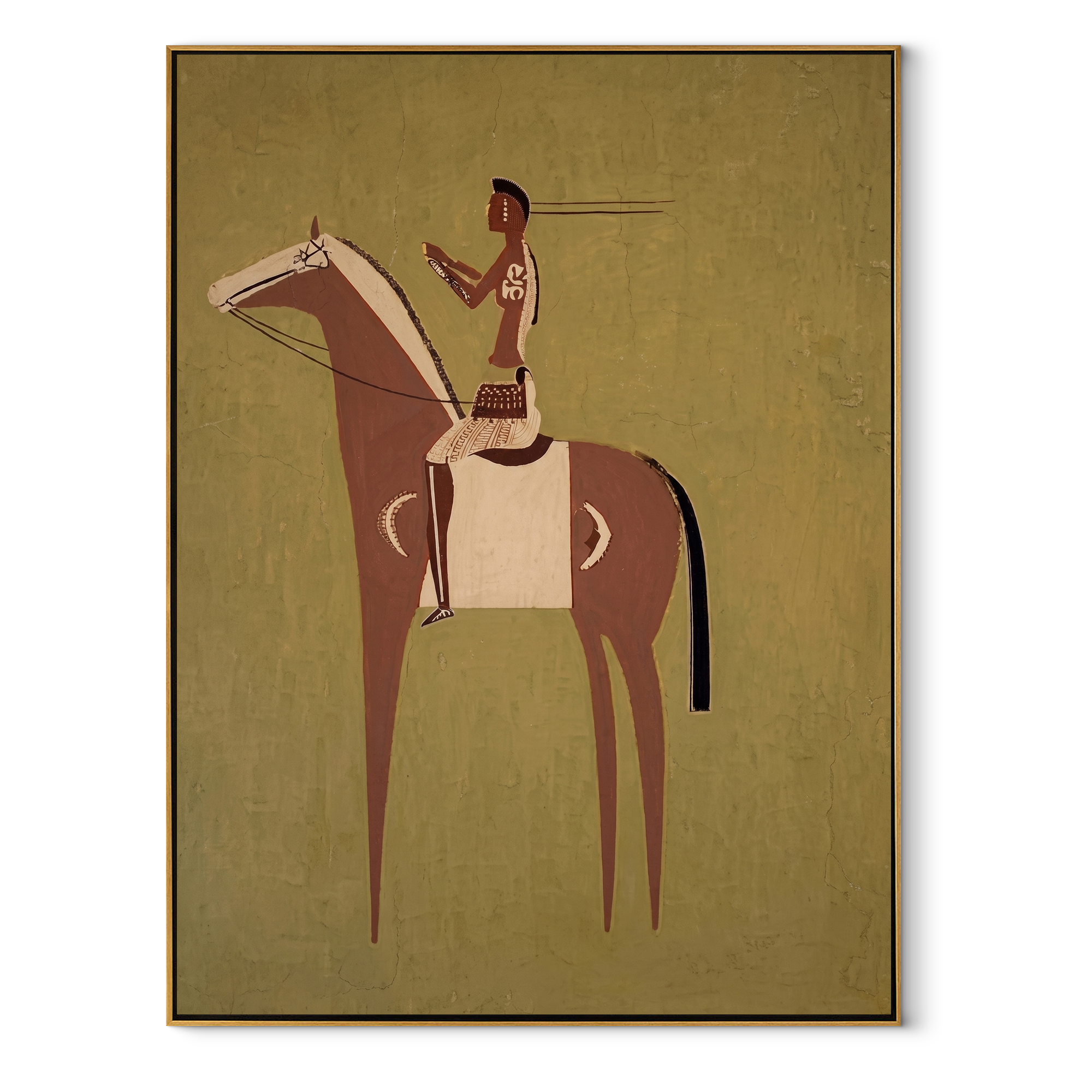 Amber Trail Move through Olive - horse and rider painting by Isabelle Laurent, modern Western vertical wall art – wood frame on white background