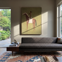 Amber Trail Move through Olive - horse and rider painting by Isabelle Laurent, modern Western vertical wall art – styled room scene view 2