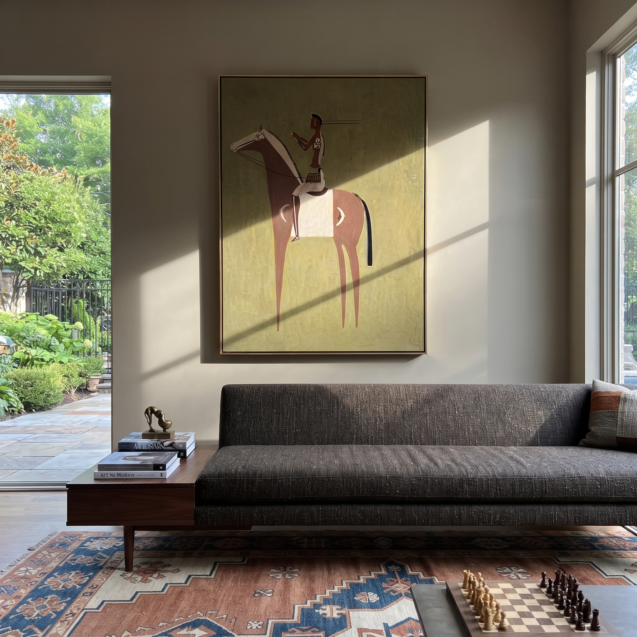 Amber Trail Move through Olive - horse and rider painting by Isabelle Laurent, modern Western vertical wall art – styled room scene view 2