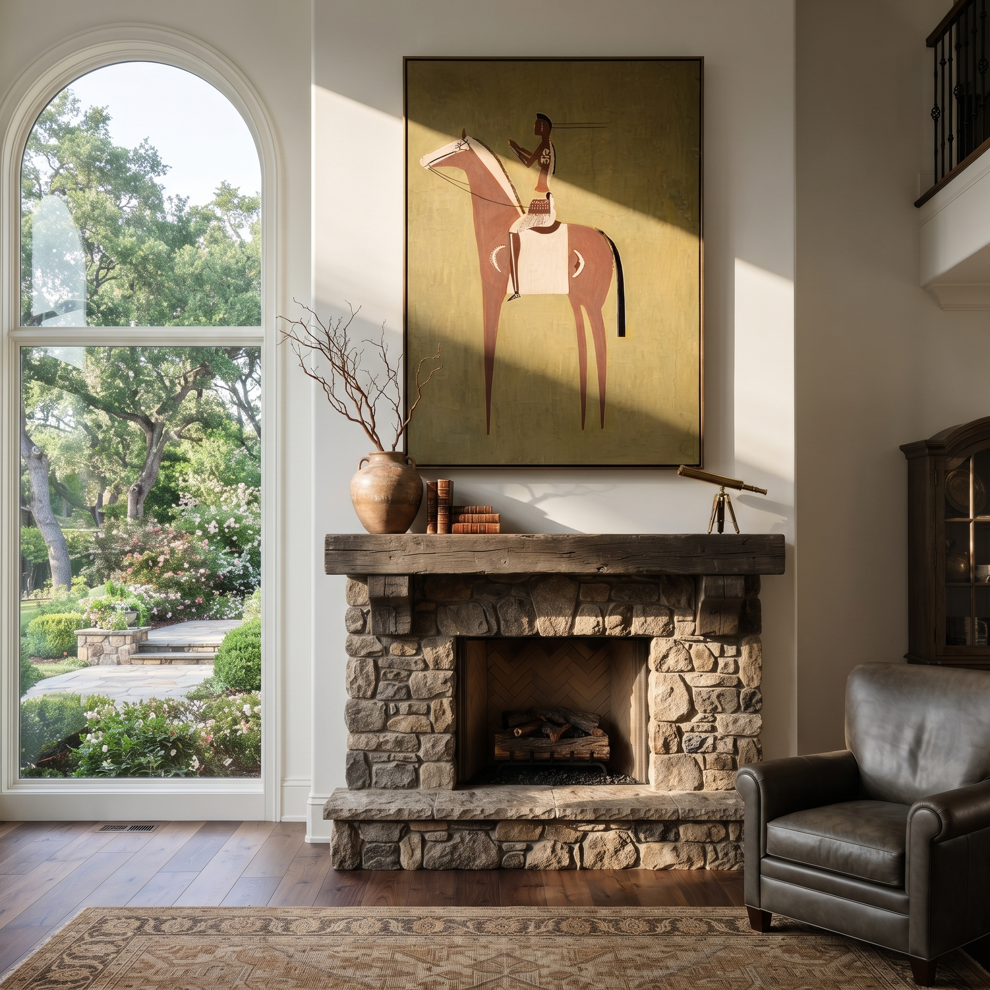 Amber Trail Move through Olive - horse and rider painting by Isabelle Laurent, modern Western vertical wall art – styled room scene view 3