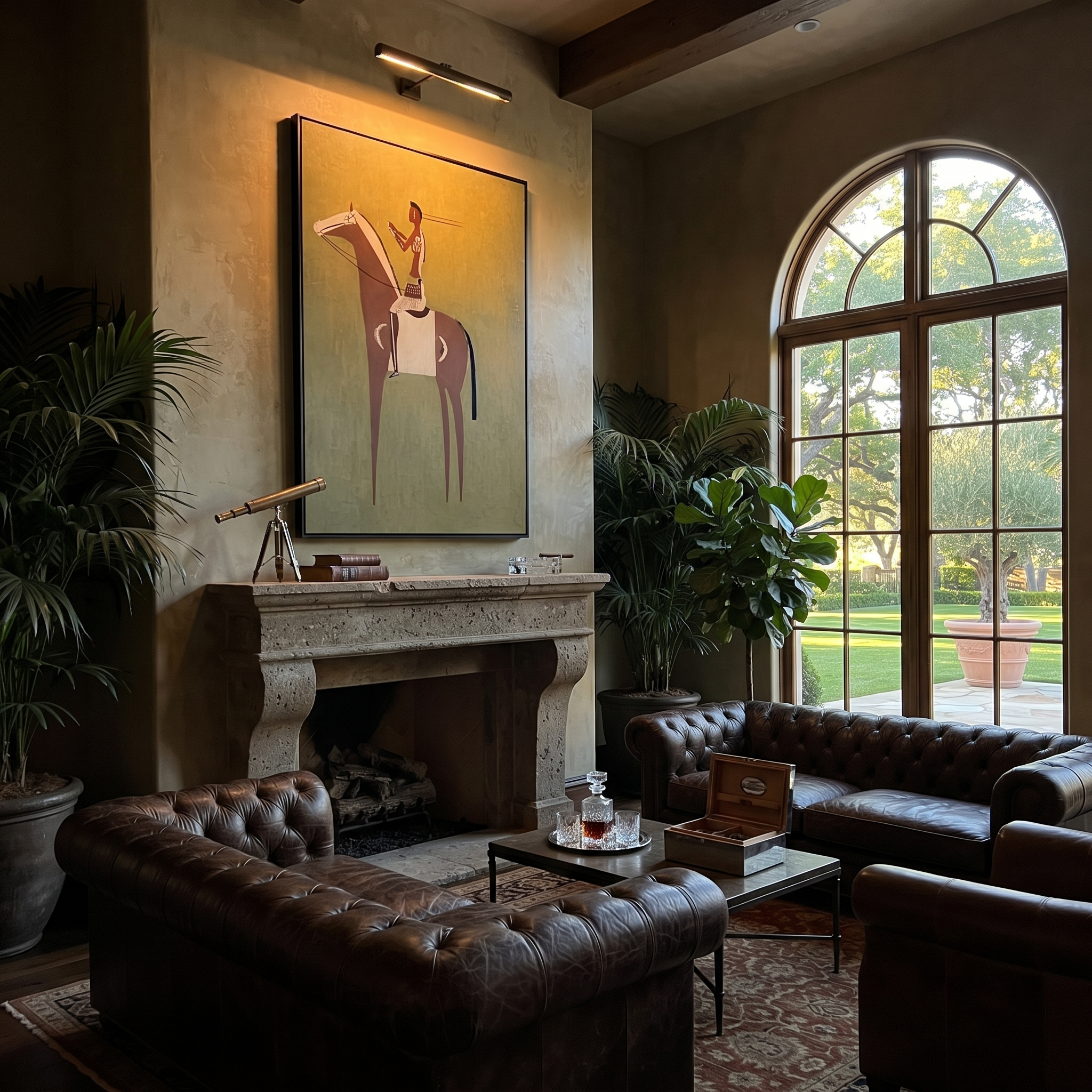 Amber Trail Move through Olive - horse and rider painting by Isabelle Laurent, modern Western vertical wall art – styled room scene view 4