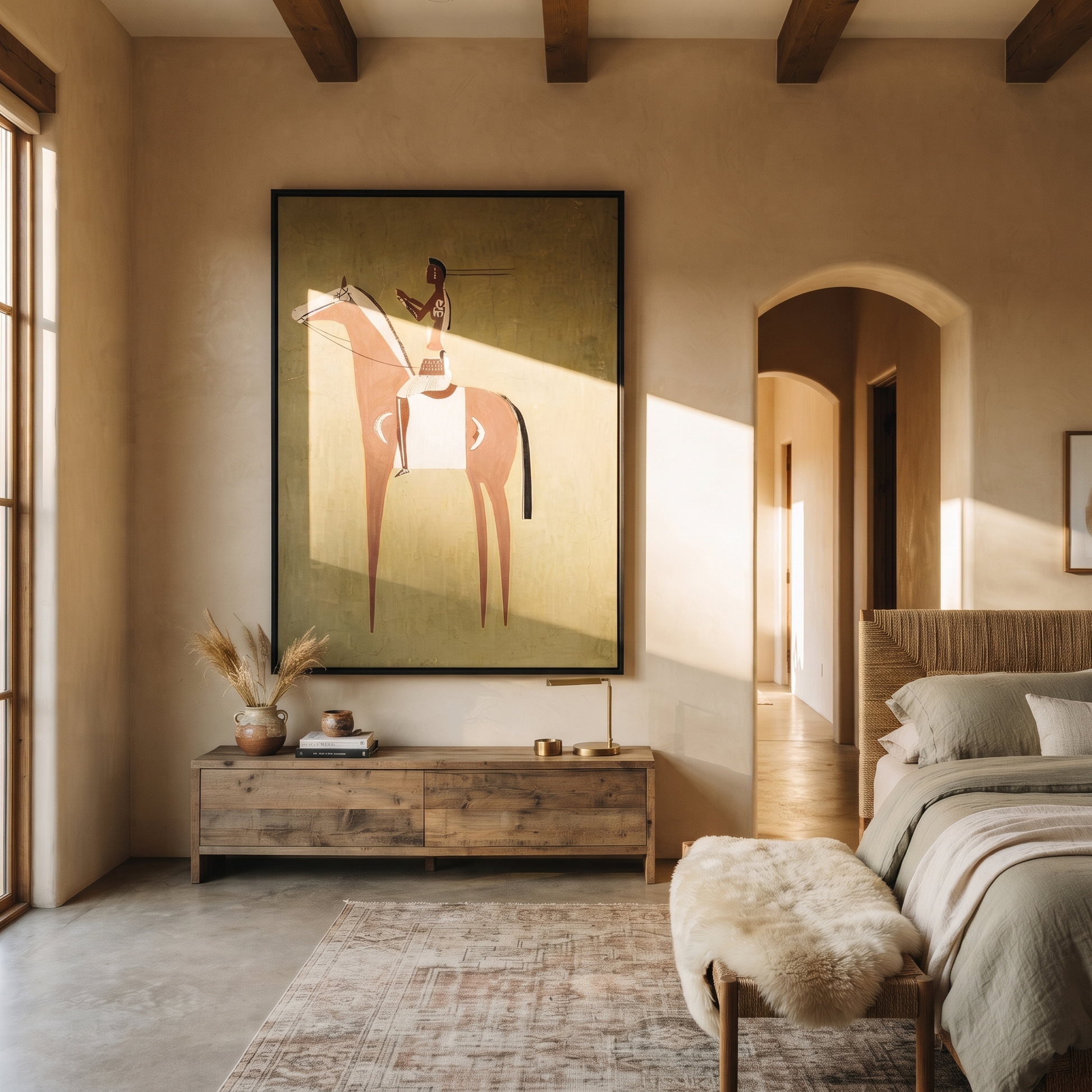 Amber Trail Move through Olive - horse and rider painting by Isabelle Laurent, modern Western vertical wall art – styled room scene view 5
