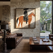 Still Hooves Rise into Light - horse and rider painting by Isabelle Laurent, modern Western square wall art – styled room scene view 1