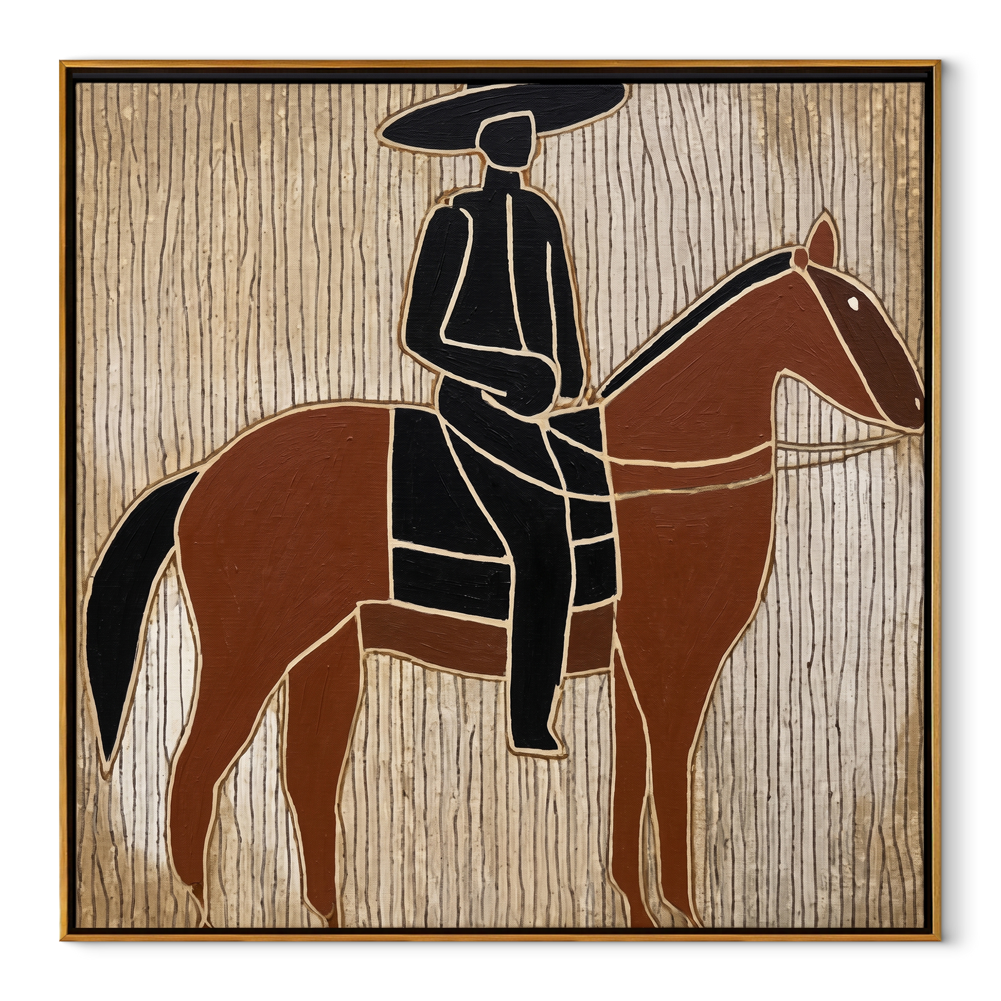 Still Hooves Rise into Light - horse and rider painting by Isabelle Laurent, modern Western square wall art – wood frame on white background