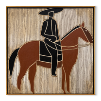 Still Hooves Rise into Light - horse and rider painting by Isabelle Laurent, modern Western square wall art – wood frame on white background