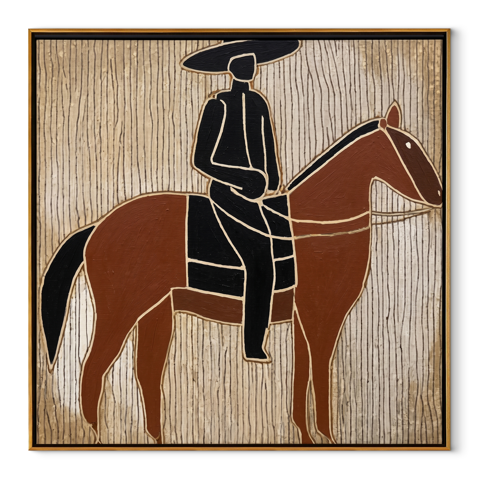 Still Hooves Rise into Light - horse and rider painting by Isabelle Laurent, modern Western square wall art – wood frame on white background