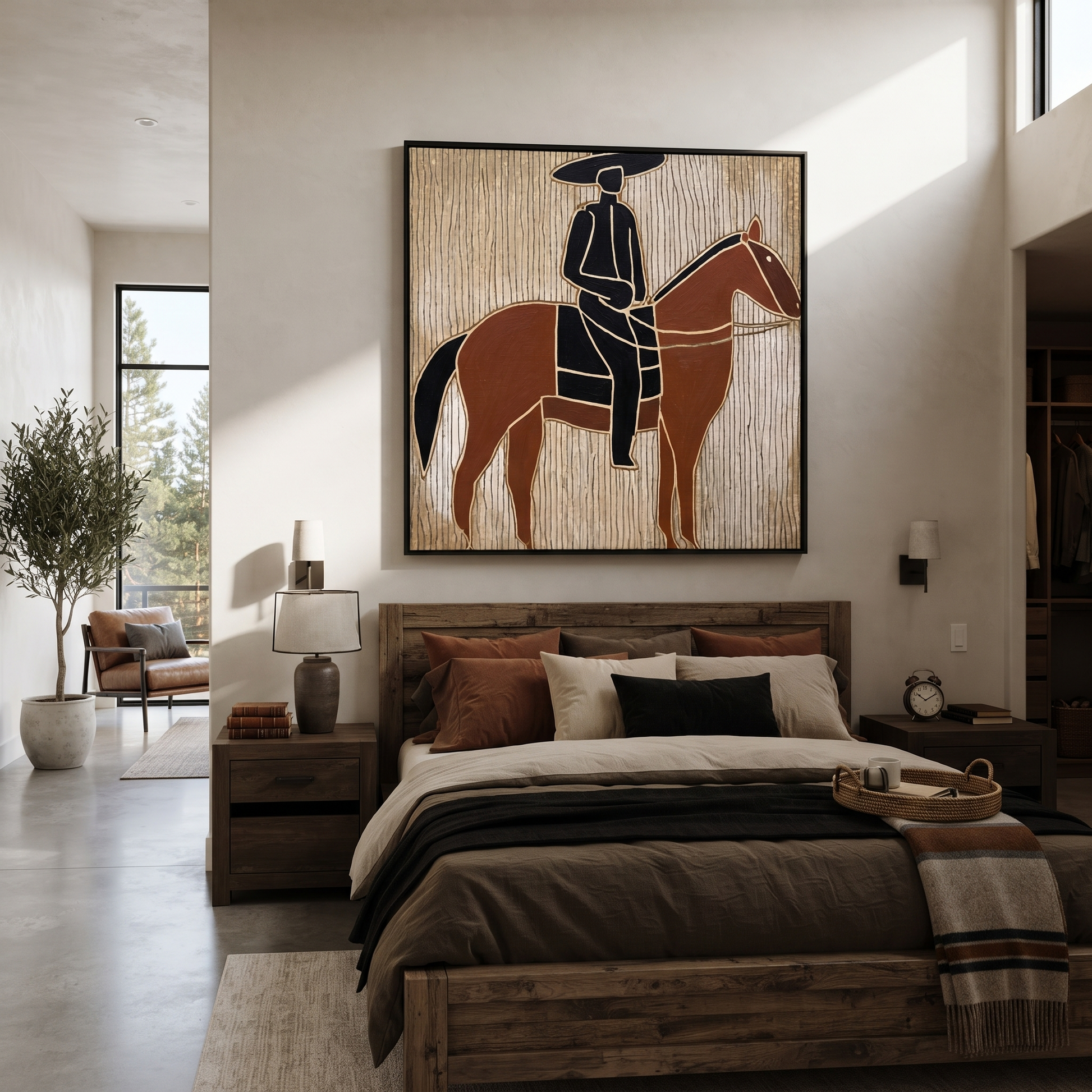 Still Hooves Rise into Light - horse and rider painting by Isabelle Laurent, modern Western square wall art – styled room scene view 2