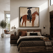 Still Hooves Rise into Light - horse and rider painting by Isabelle Laurent, modern Western square wall art – styled room scene view 2