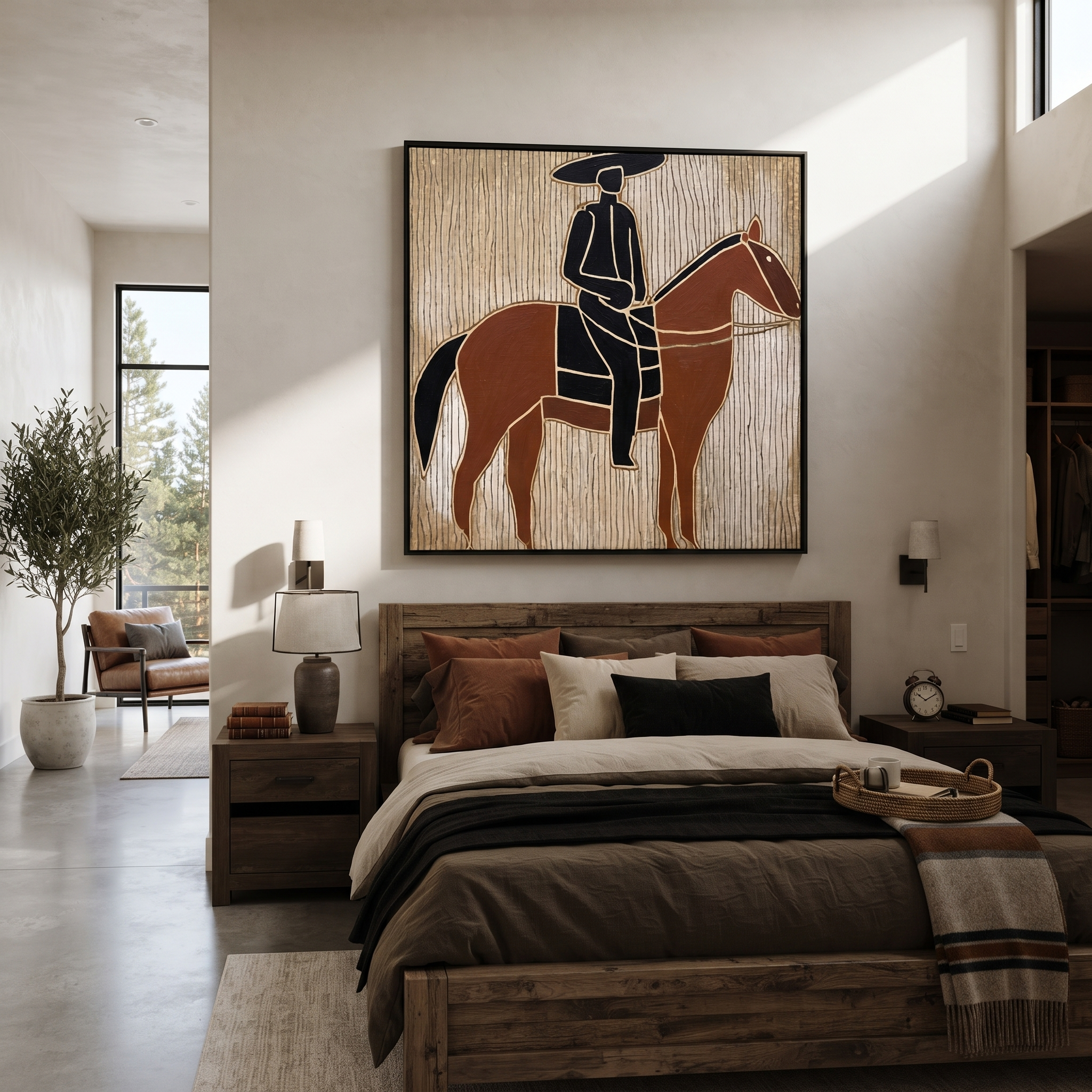 Still Hooves Rise into Light - horse and rider painting by Isabelle Laurent, modern Western square wall art – styled room scene view 2