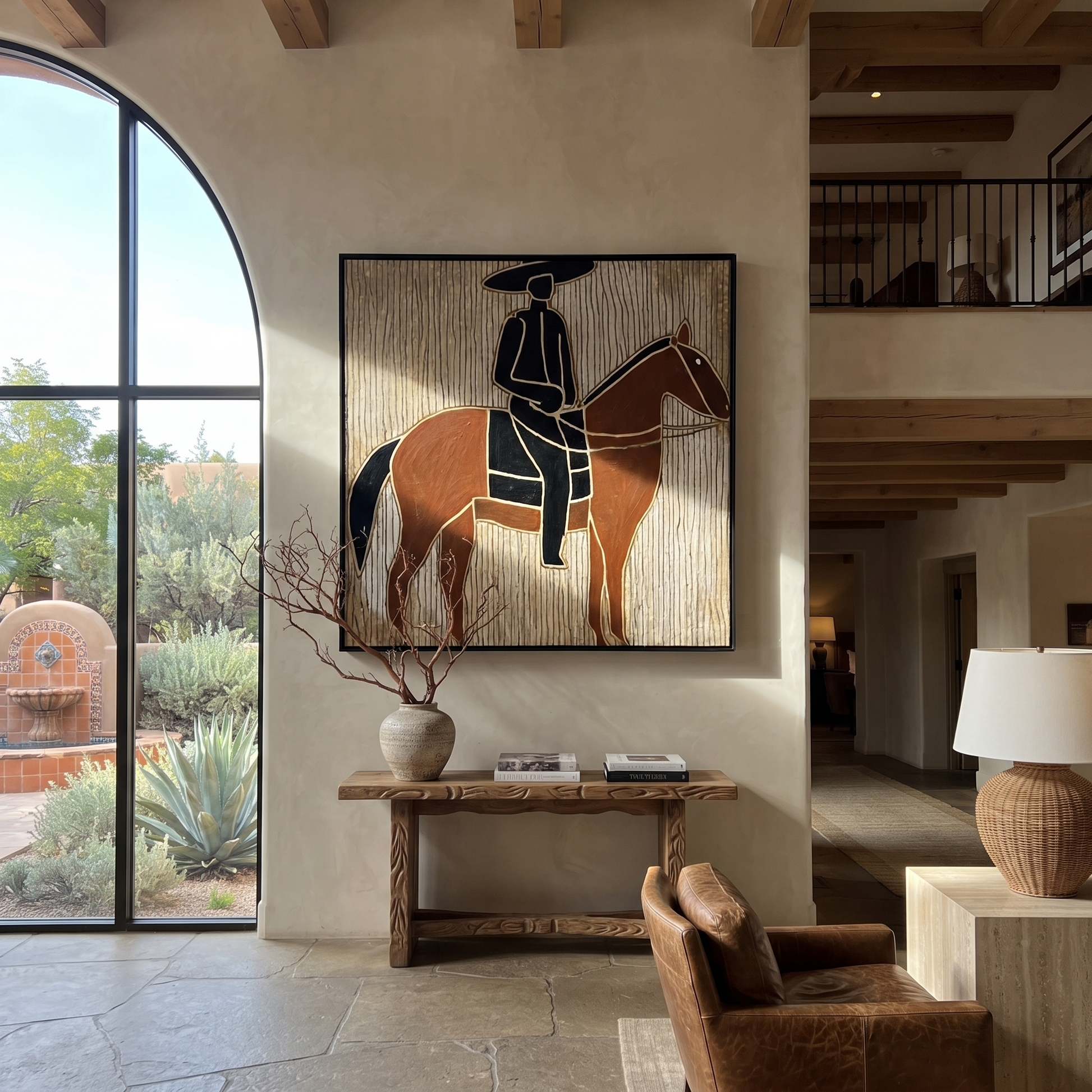 Still Hooves Rise into Light - horse and rider painting by Isabelle Laurent, modern Western square wall art – styled room scene view 3