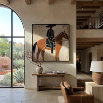 Still Hooves Rise into Light - horse and rider painting by Isabelle Laurent, modern Western square wall art – styled room scene view 3