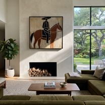 Still Hooves Rise into Light - horse and rider painting by Isabelle Laurent, modern Western square wall art – styled room scene view 4