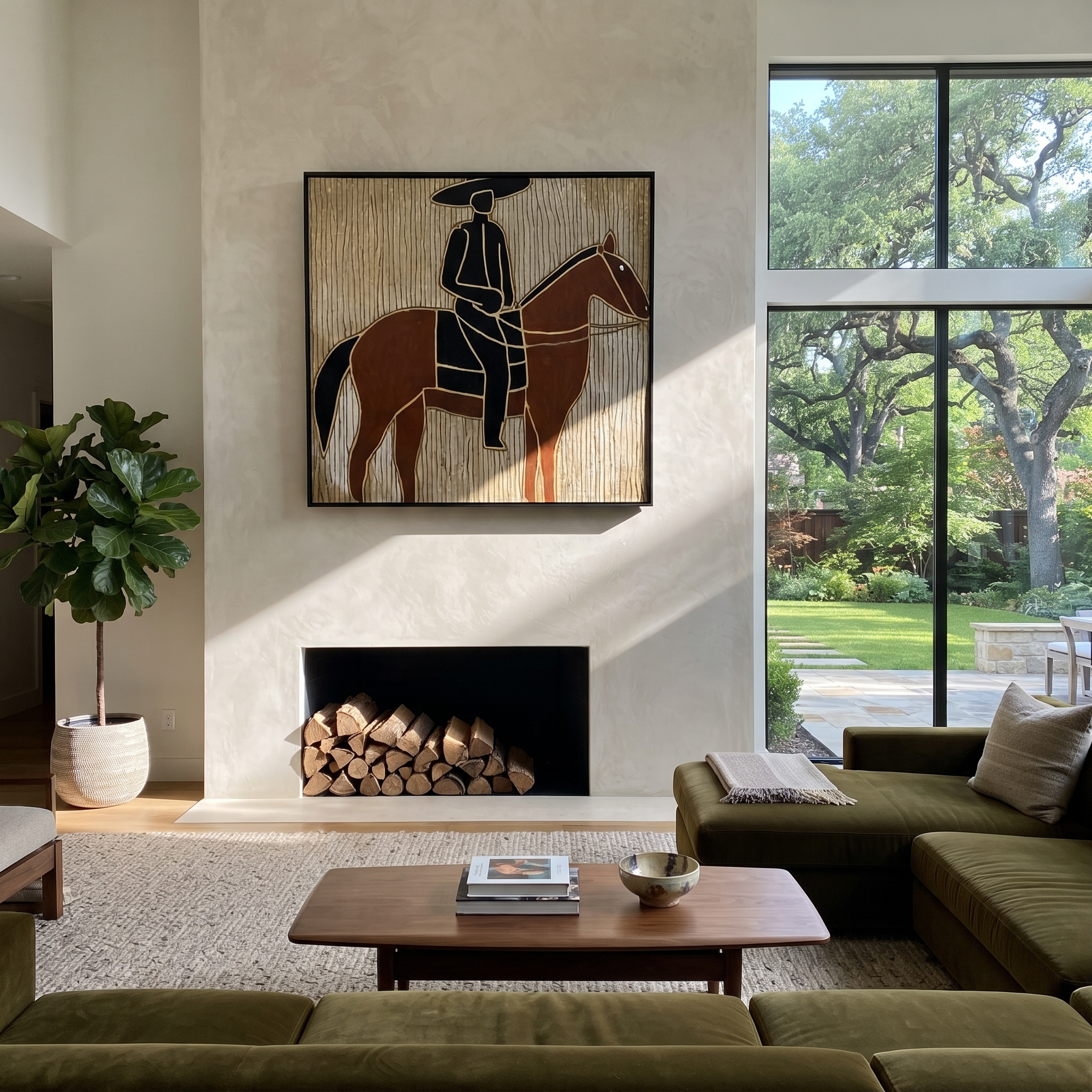 Still Hooves Rise into Light - horse and rider painting by Isabelle Laurent, modern Western square wall art – styled room scene view 4
