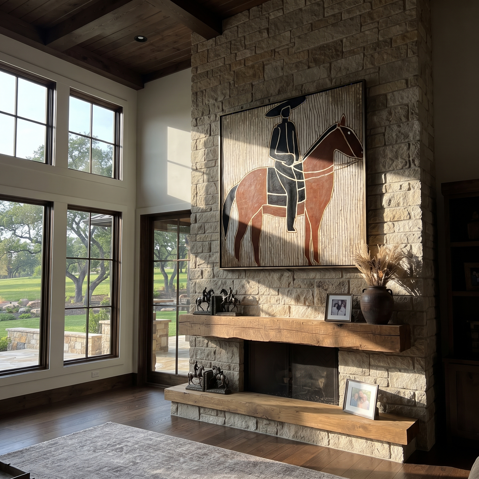 Still Hooves Rise into Light - horse and rider painting by Isabelle Laurent, modern Western square wall art – styled room scene view 5