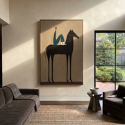Midnight Rider Rise into Light - horse and rider painting by Isabelle Laurent, modern Western vertical wall art – styled room scene view 1