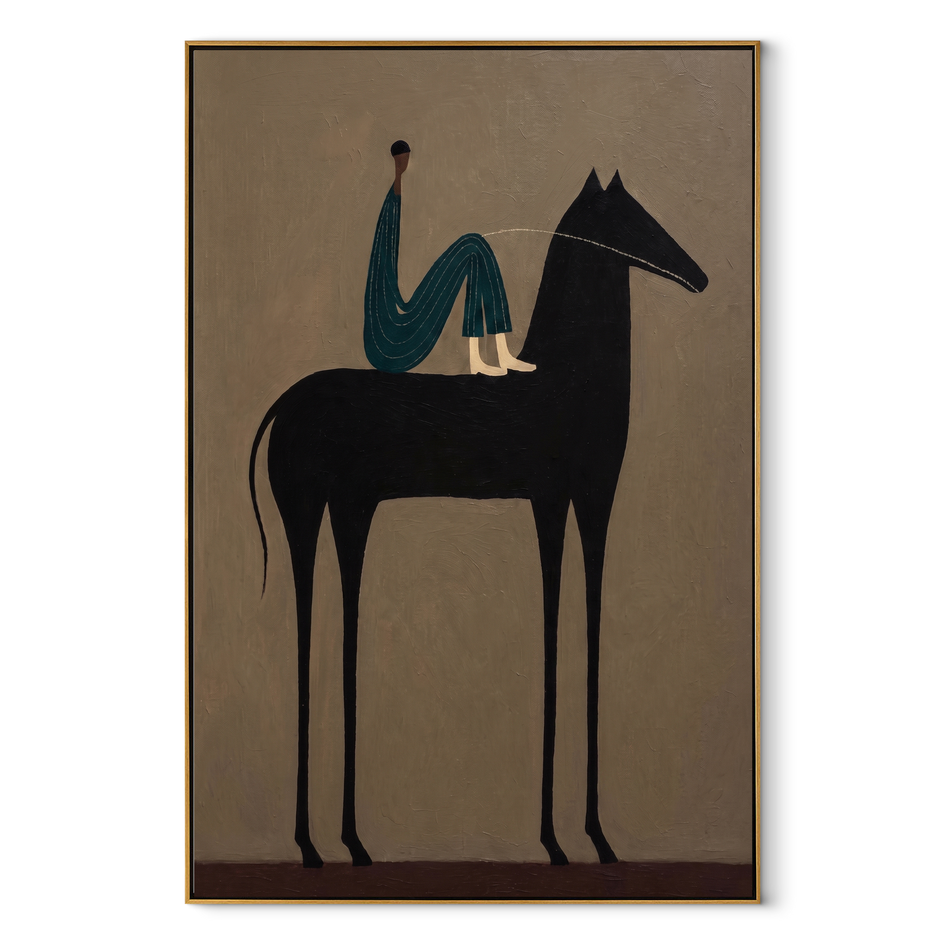Midnight Rider Rise into Light - horse and rider painting by Isabelle Laurent, modern Western vertical wall art – wood frame on white background