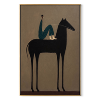 Midnight Rider Rise into Light - horse and rider painting by Isabelle Laurent, modern Western vertical wall art – wood frame on white background