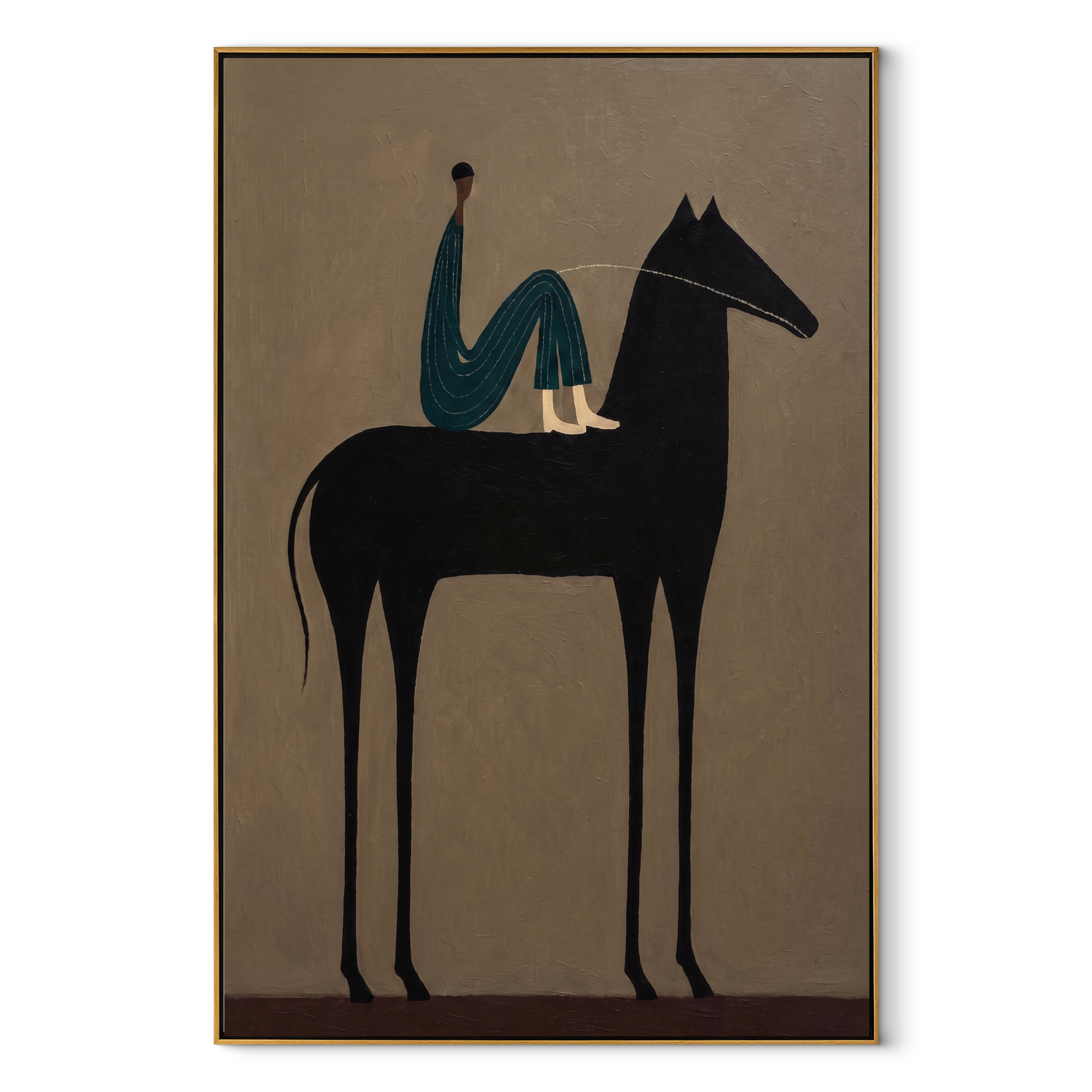 Midnight Rider Rise into Light - horse and rider painting by Isabelle Laurent, modern Western vertical wall art – wood frame on white background