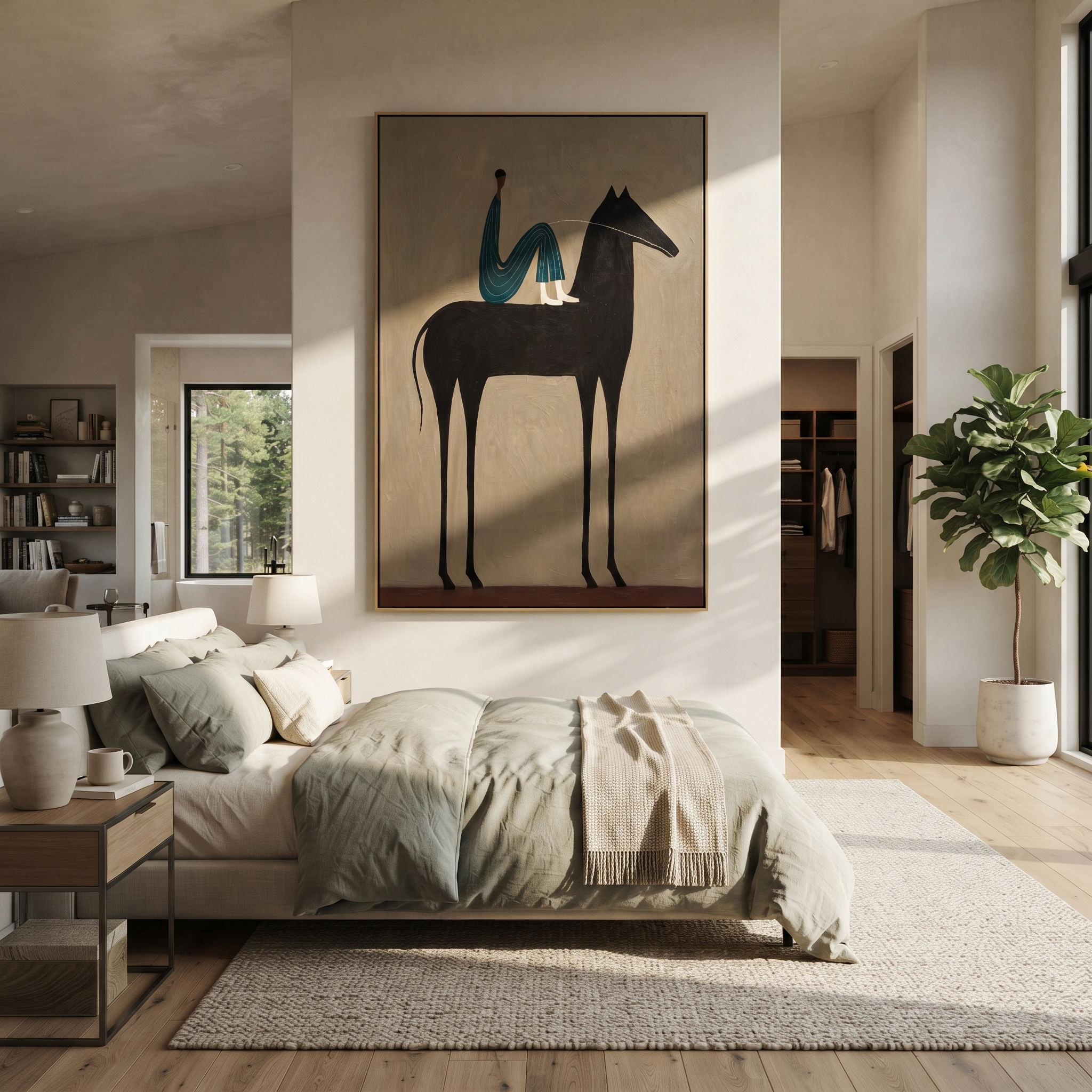 Midnight Rider Rise into Light - horse and rider painting by Isabelle Laurent, modern Western vertical wall art – styled room scene view 2