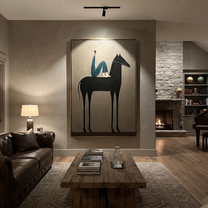 Midnight Rider Rise into Light - horse and rider painting by Isabelle Laurent, modern Western vertical wall art – styled room scene view 3