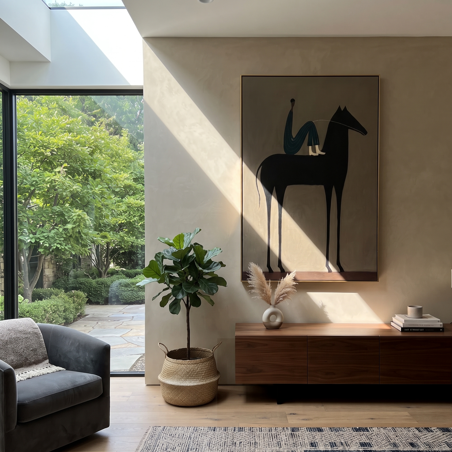 Midnight Rider Rise into Light - horse and rider painting by Isabelle Laurent, modern Western vertical wall art – styled room scene view 4