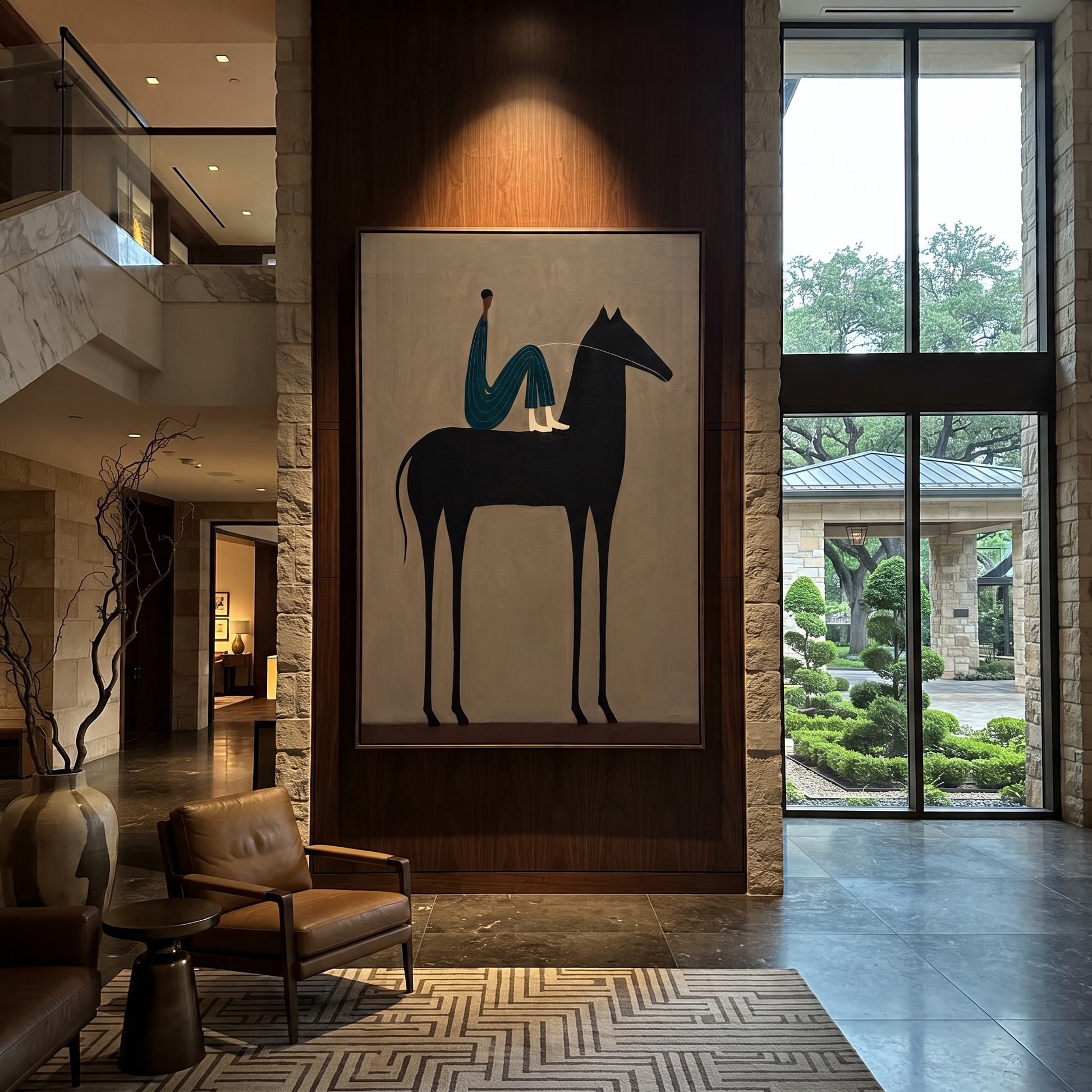 Midnight Rider Rise into Light - horse and rider painting by Isabelle Laurent, modern Western vertical wall art – styled room scene view 5