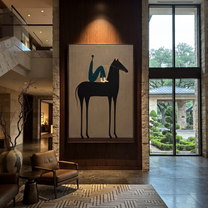 Midnight Rider Rise into Light - horse and rider painting by Isabelle Laurent, modern Western vertical wall art – styled room scene view 5