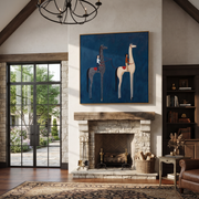 Quiet Reins Rise into Light - two horse painting by Isabelle Laurent, modern Western square wall art – styled room scene view 1