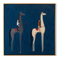 Quiet Reins Rise into Light - two horse painting by Isabelle Laurent, modern Western square wall art – wood frame on white background