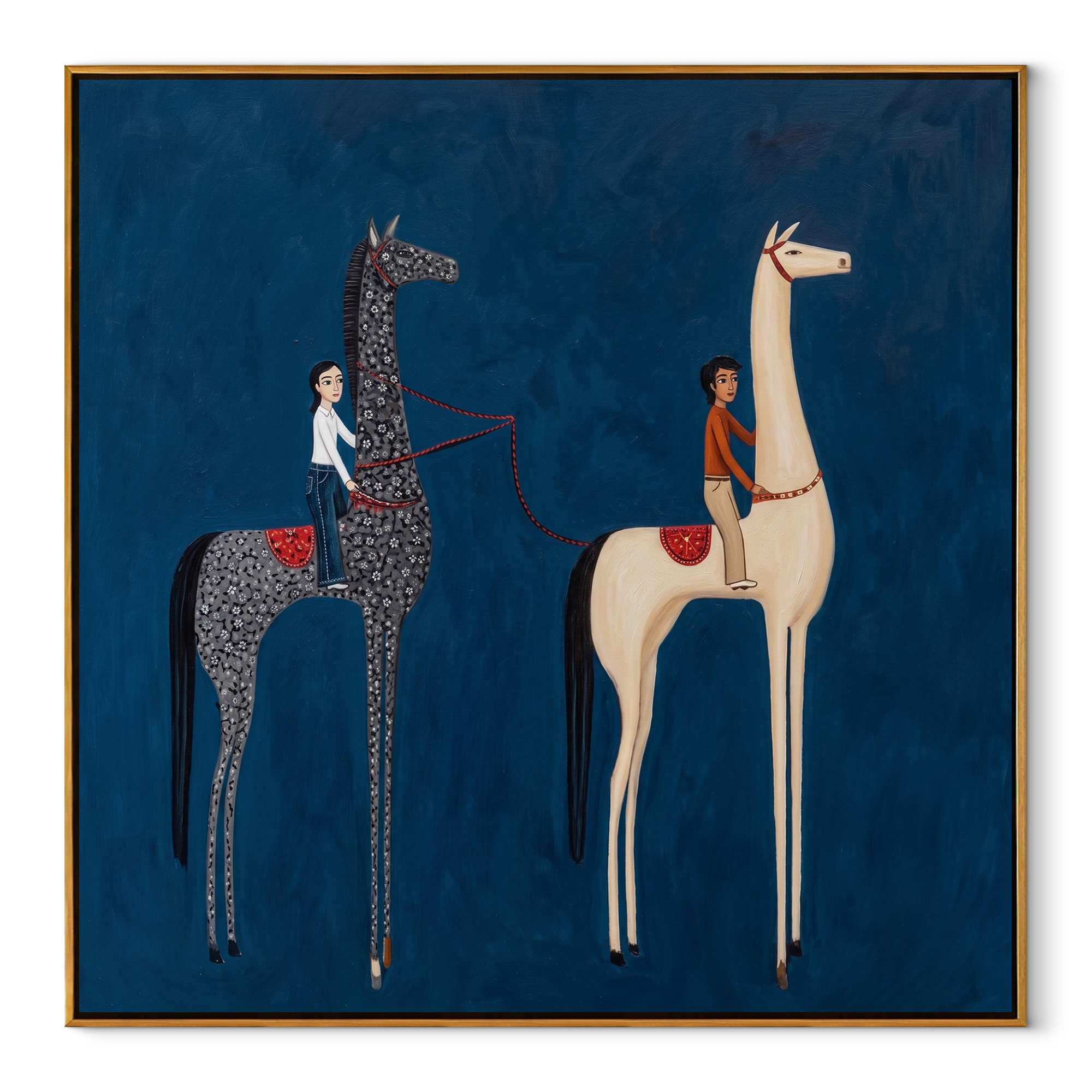 Quiet Reins Rise into Light - two horse painting by Isabelle Laurent, modern Western square wall art – wood frame on white background