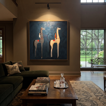 Quiet Reins Rise into Light - two horse painting by Isabelle Laurent, modern Western square wall art – styled room scene view 2